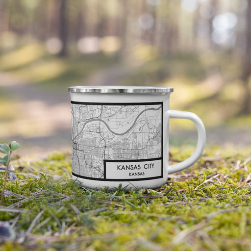 Right View Custom Kansas City Kansas Map Enamel Mug in Classic on Grass With Trees in Background