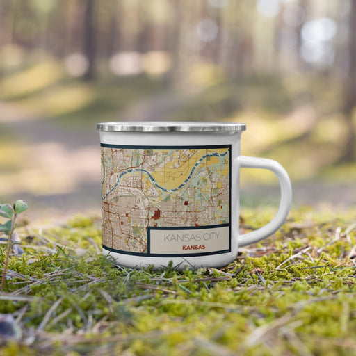 Right View Custom Kansas City Kansas Map Enamel Mug in Woodblock on Grass With Trees in Background