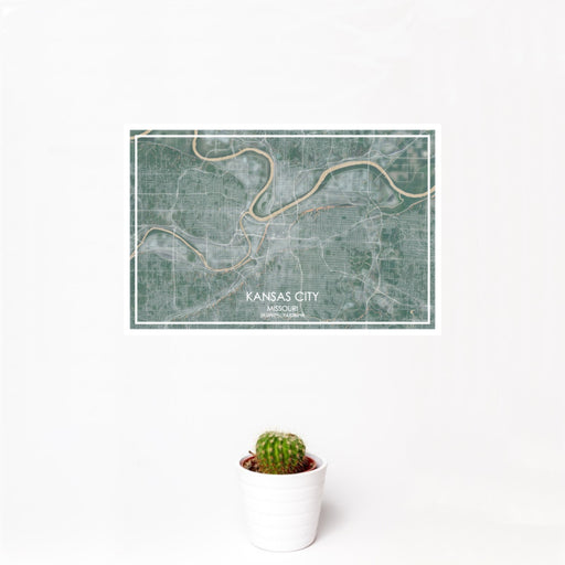 12x18 Kansas City Missouri Map Print Landscape Orientation in Afternoon Style With Small Cactus Plant in White Planter