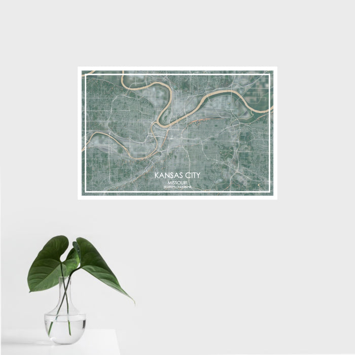 16x24 Kansas City Missouri Map Print Landscape Orientation in Afternoon Style With Tropical Plant Leaves in Water