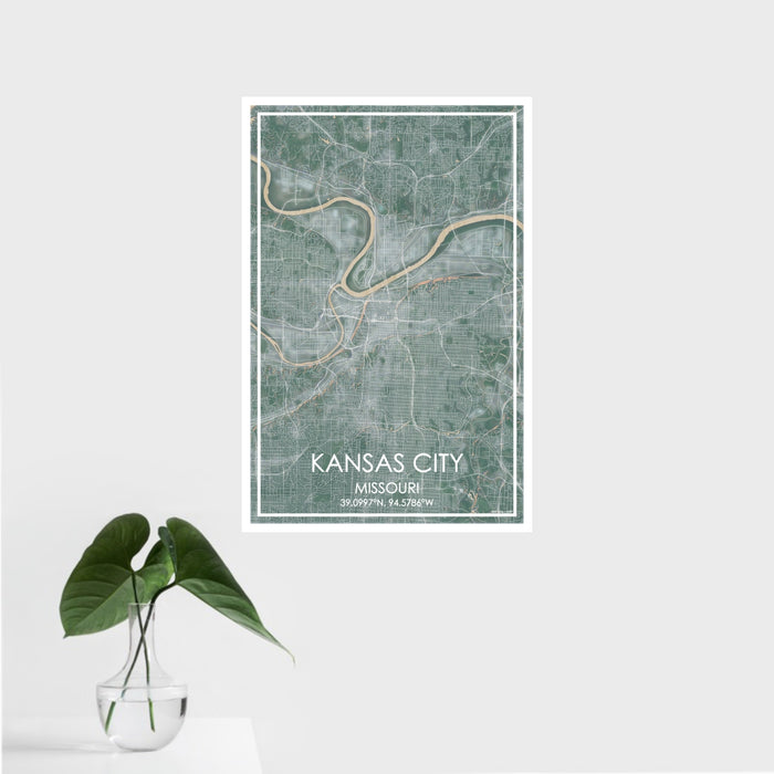 16x24 Kansas City Missouri Map Print Portrait Orientation in Afternoon Style With Tropical Plant Leaves in Water