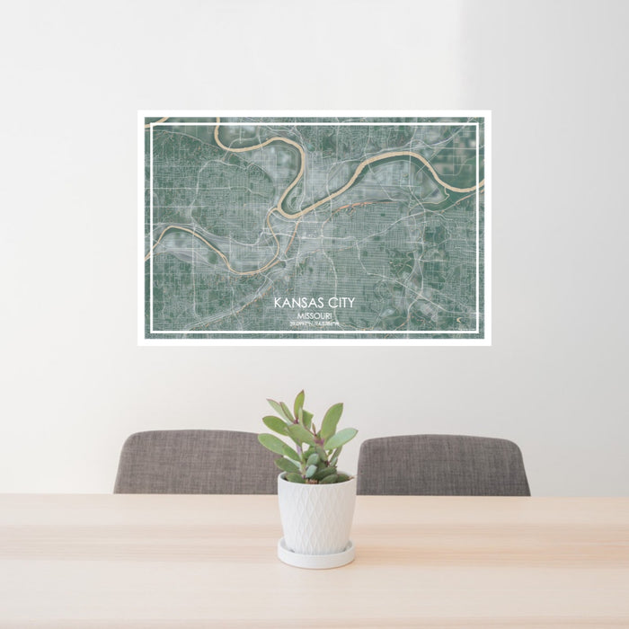 24x36 Kansas City Missouri Map Print Lanscape Orientation in Afternoon Style Behind 2 Chairs Table and Potted Plant