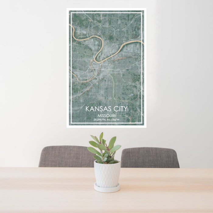24x36 Kansas City Missouri Map Print Portrait Orientation in Afternoon Style Behind 2 Chairs Table and Potted Plant