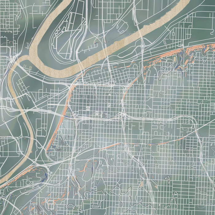 Kansas City Missouri Map Print in Afternoon Style Zoomed In Close Up Showing Details