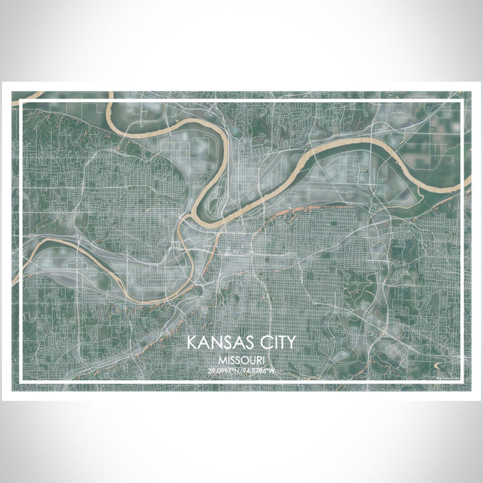 Kansas City Missouri Map Print Landscape Orientation in Afternoon Style With Shaded Background