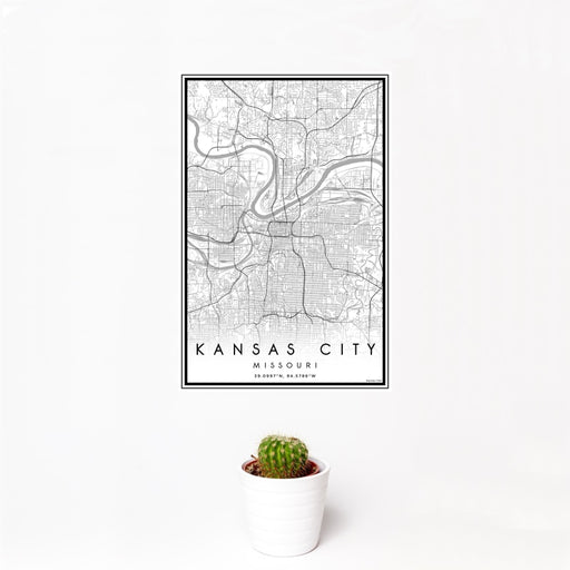 12x18 Kansas City Missouri Map Print Portrait Orientation in Classic Style With Small Cactus Plant in White Planter