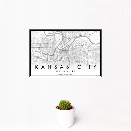 12x18 Kansas City Missouri Map Print Landscape Orientation in Classic Style With Small Cactus Plant in White Planter