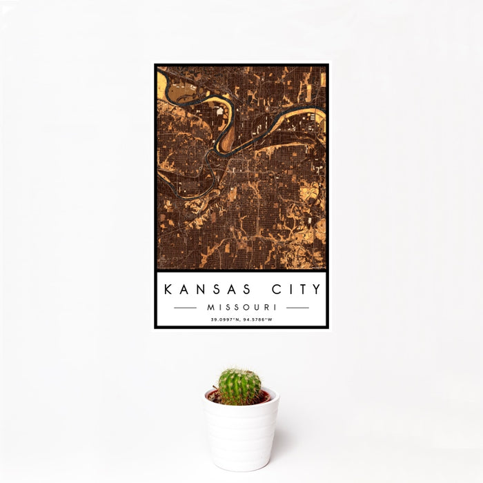 12x18 Kansas City Missouri Map Print Portrait Orientation in Ember Style With Small Cactus Plant in White Planter