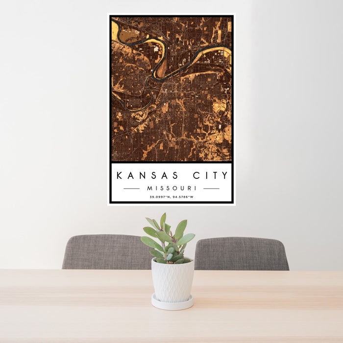 24x36 Kansas City Missouri Map Print Portrait Orientation in Ember Style Behind 2 Chairs Table and Potted Plant