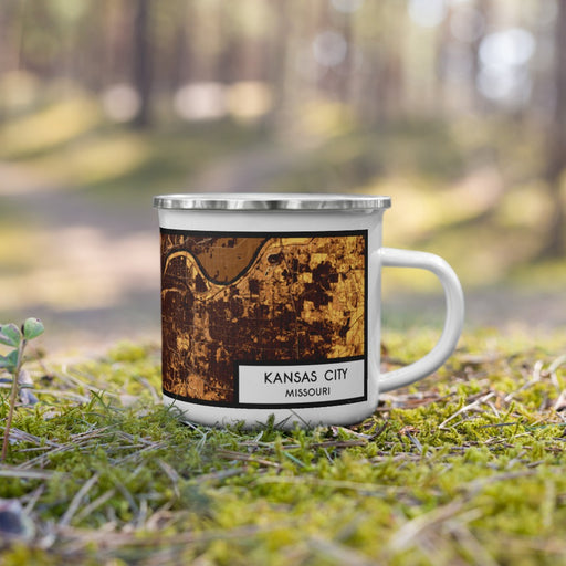 Right View Custom Kansas City Missouri Map Enamel Mug in Ember on Grass With Trees in Background