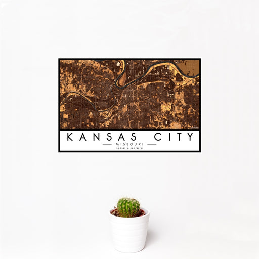 12x18 Kansas City Missouri Map Print Landscape Orientation in Ember Style With Small Cactus Plant in White Planter