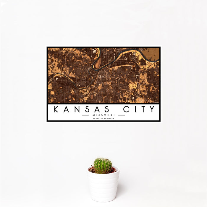 12x18 Kansas City Missouri Map Print Landscape Orientation in Ember Style With Small Cactus Plant in White Planter