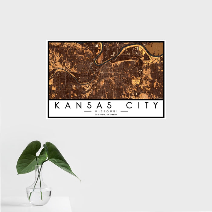 16x24 Kansas City Missouri Map Print Landscape Orientation in Ember Style With Tropical Plant Leaves in Water