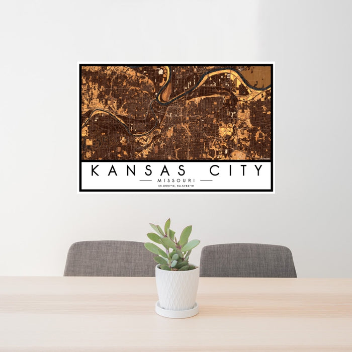 24x36 Kansas City Missouri Map Print Landscape Orientation in Ember Style Behind 2 Chairs Table and Potted Plant