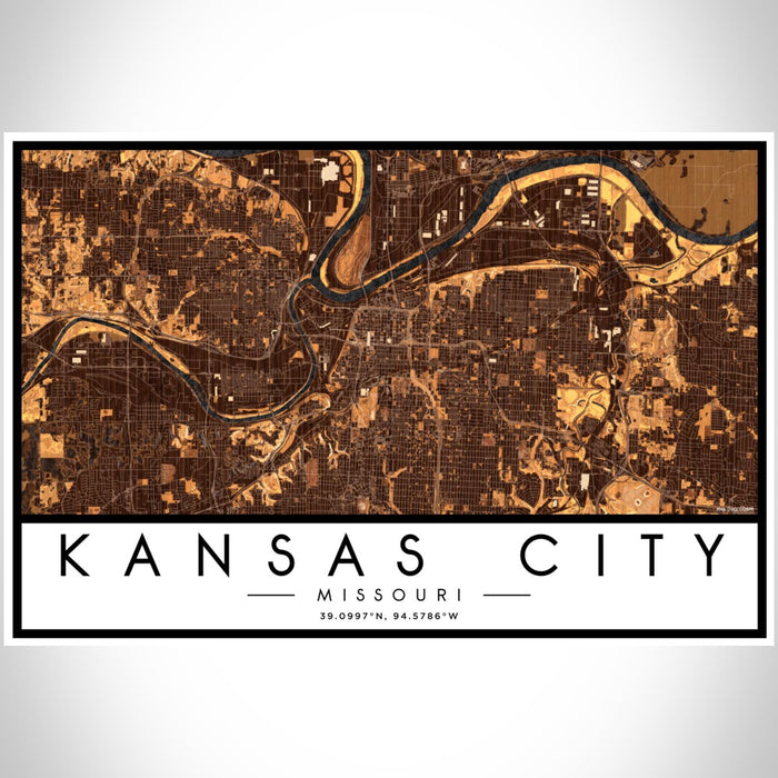 Kansas City Missouri Map Print Landscape Orientation in Ember Style With Shaded Background