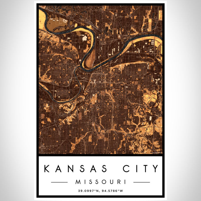Kansas City Missouri Map Print Portrait Orientation in Ember Style With Shaded Background