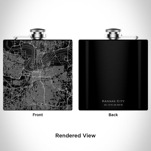 Rendered View of Kansas City Missouri Map Engraving on 6oz Stainless Steel Flask in Black