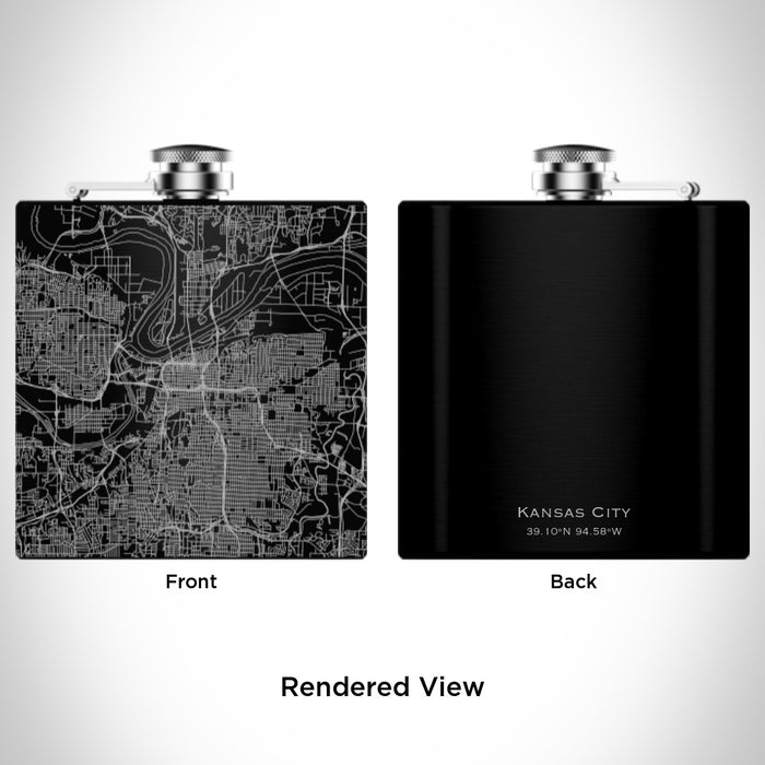 Rendered View of Kansas City Missouri Map Engraving on 6oz Stainless Steel Flask in Black