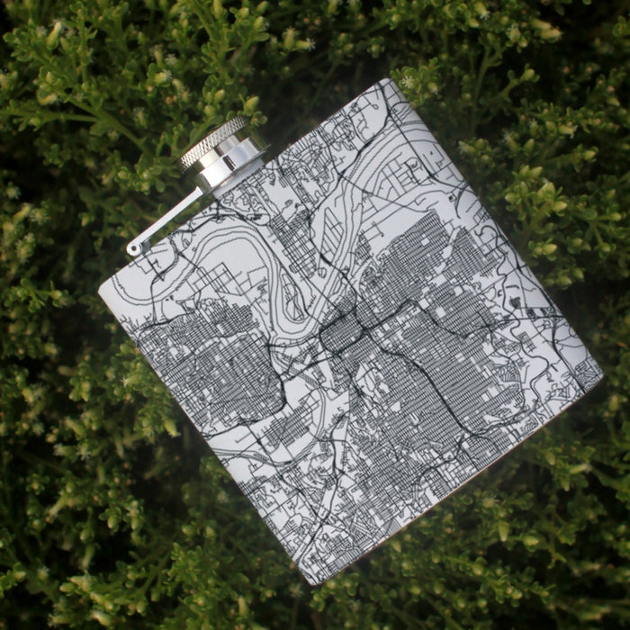 Kansas City Missouri Custom Engraved City Map Inscription Coordinates on 6oz Stainless Steel Flask in White