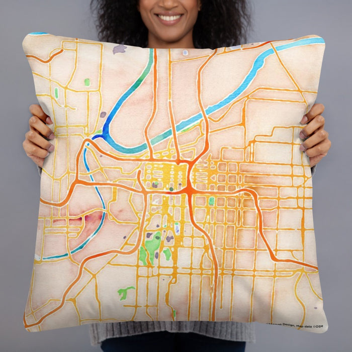 Person holding 22x22 Custom Kansas City Missouri Map Throw Pillow in Watercolor