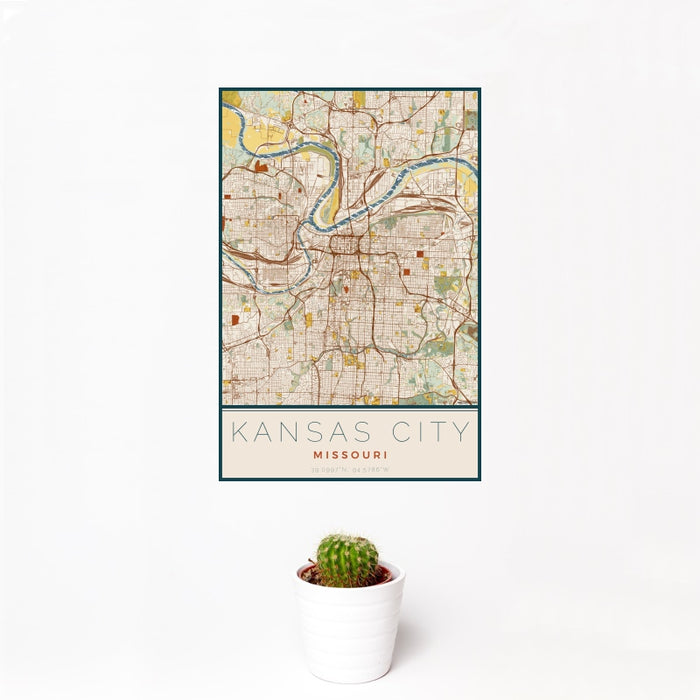 12x18 Kansas City Missouri Map Print Portrait Orientation in Woodblock Style With Small Cactus Plant in White Planter