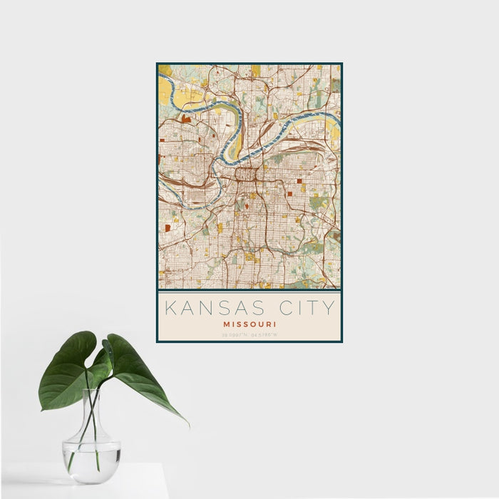 16x24 Kansas City Missouri Map Print Portrait Orientation in Woodblock Style With Tropical Plant Leaves in Water