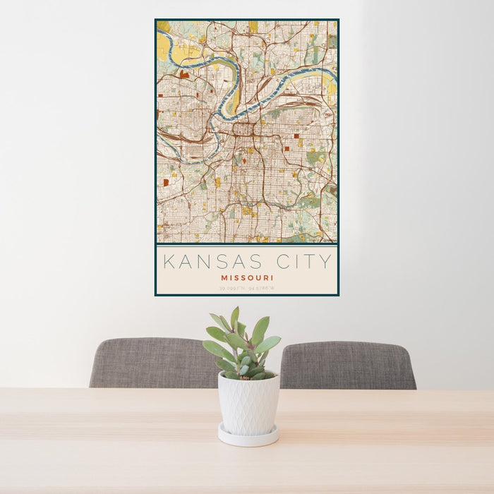 24x36 Kansas City Missouri Map Print Portrait Orientation in Woodblock Style Behind 2 Chairs Table and Potted Plant