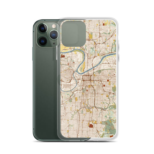 Custom Kansas City Missouri Map Phone Case in Woodblock on Table with Laptop and Plant
