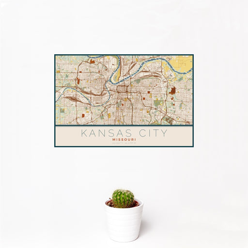 12x18 Kansas City Missouri Map Print Landscape Orientation in Woodblock Style With Small Cactus Plant in White Planter