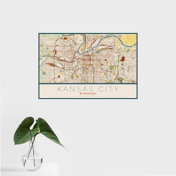 16x24 Kansas City Missouri Map Print Landscape Orientation in Woodblock Style With Tropical Plant Leaves in Water