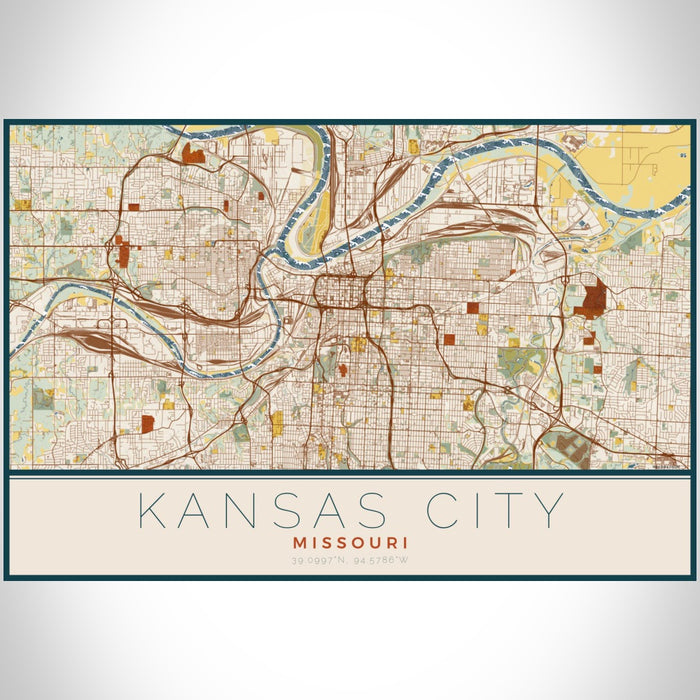 Kansas City Missouri Map Print Landscape Orientation in Woodblock Style With Shaded Background