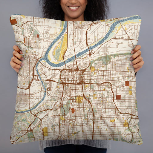 Person holding 22x22 Custom Kansas City Missouri Map Throw Pillow in Woodblock