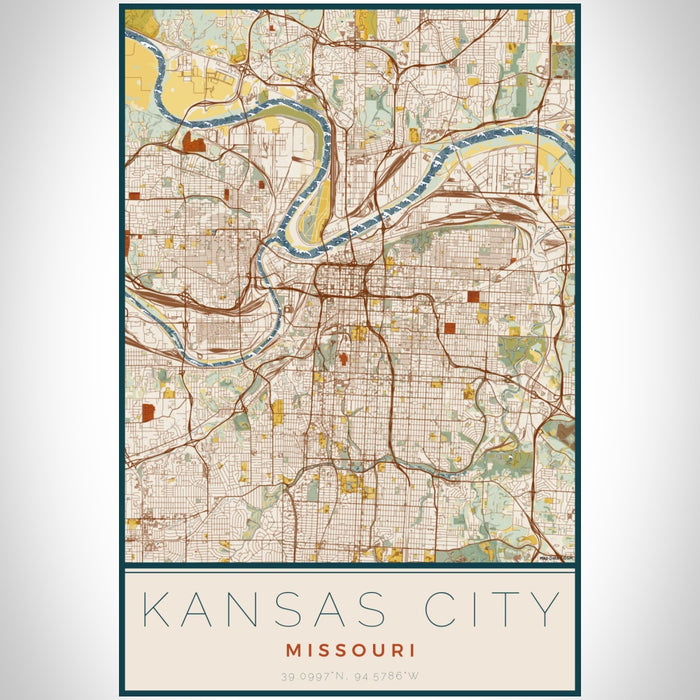 Kansas City Missouri Map Print Portrait Orientation in Woodblock Style With Shaded Background