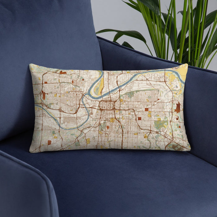 Custom Kansas City Missouri Map Throw Pillow in Woodblock on Blue Colored Chair