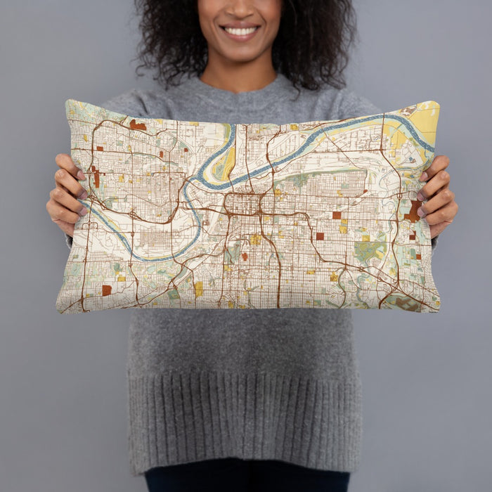Person holding 20x12 Custom Kansas City Missouri Map Throw Pillow in Woodblock