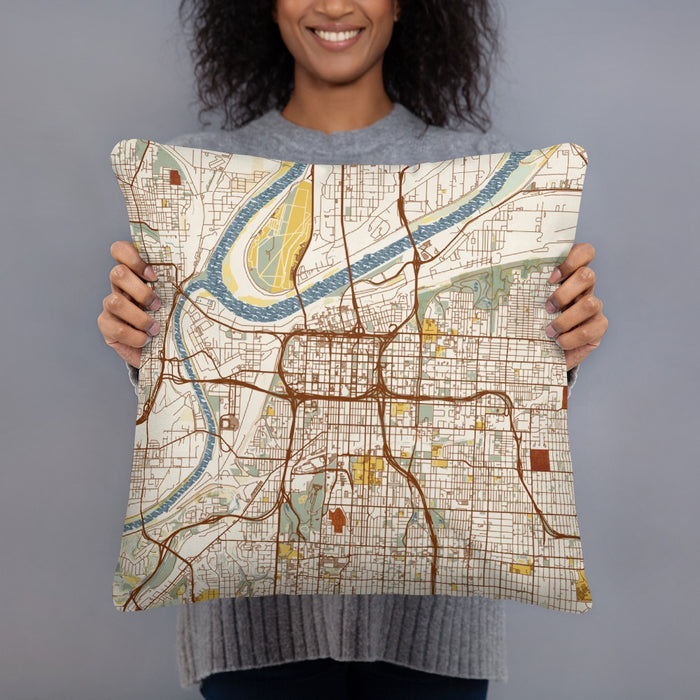 Person holding 18x18 Custom Kansas City Missouri Map Throw Pillow in Woodblock
