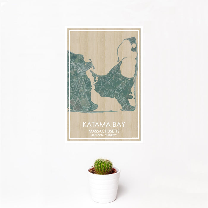 12x18 Katama Bay Massachusetts Map Print Portrait Orientation in Afternoon Style With Small Cactus Plant in White Planter