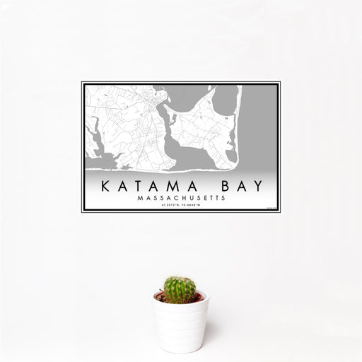 12x18 Katama Bay Massachusetts Map Print Landscape Orientation in Classic Style With Small Cactus Plant in White Planter