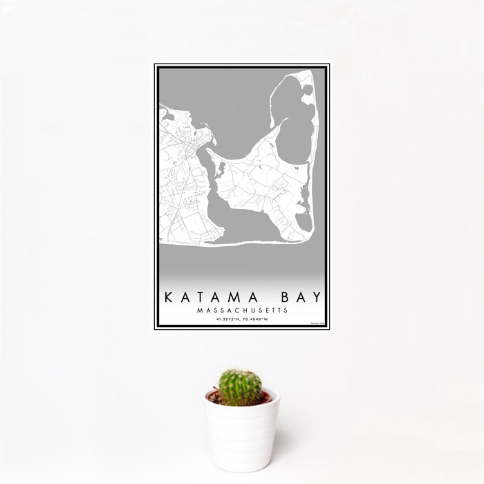 12x18 Katama Bay Massachusetts Map Print Portrait Orientation in Classic Style With Small Cactus Plant in White Planter