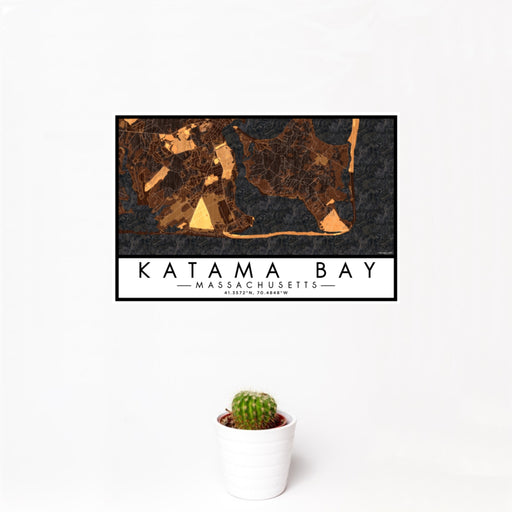 12x18 Katama Bay Massachusetts Map Print Landscape Orientation in Ember Style With Small Cactus Plant in White Planter