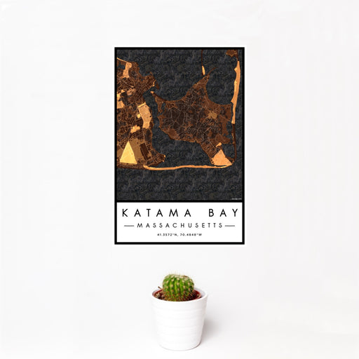 12x18 Katama Bay Massachusetts Map Print Portrait Orientation in Ember Style With Small Cactus Plant in White Planter