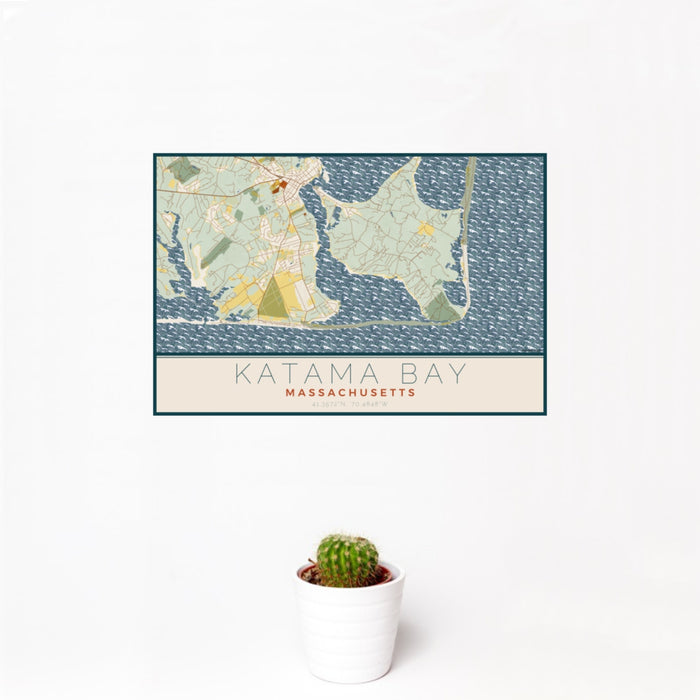 12x18 Katama Bay Massachusetts Map Print Landscape Orientation in Woodblock Style With Small Cactus Plant in White Planter