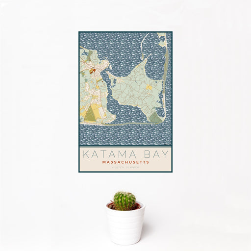 12x18 Katama Bay Massachusetts Map Print Portrait Orientation in Woodblock Style With Small Cactus Plant in White Planter