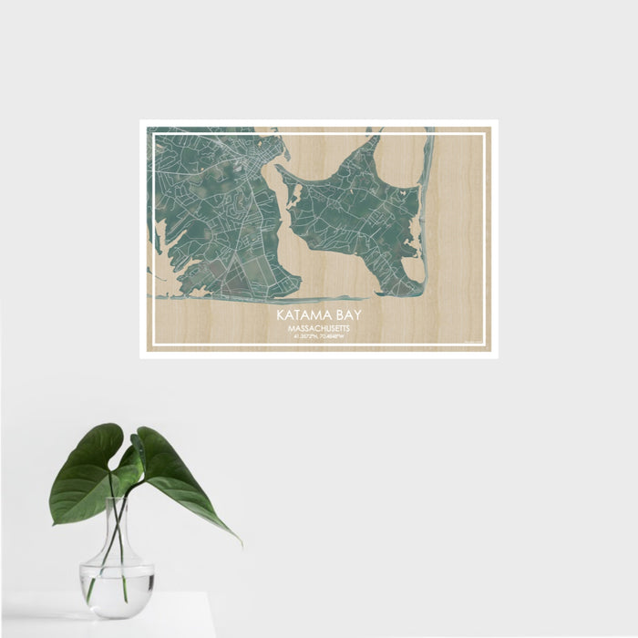 16x24 Katama Bay Massachusetts Map Print Landscape Orientation in Afternoon Style With Tropical Plant Leaves in Water