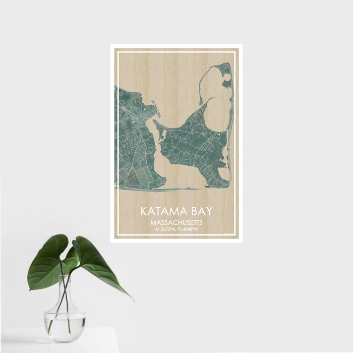 16x24 Katama Bay Massachusetts Map Print Portrait Orientation in Afternoon Style With Tropical Plant Leaves in Water