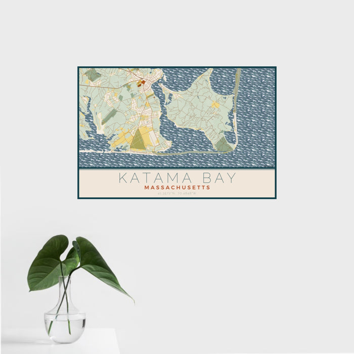 16x24 Katama Bay Massachusetts Map Print Landscape Orientation in Woodblock Style With Tropical Plant Leaves in Water