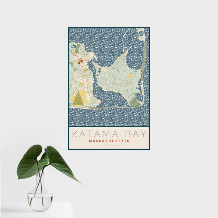 16x24 Katama Bay Massachusetts Map Print Portrait Orientation in Woodblock Style With Tropical Plant Leaves in Water