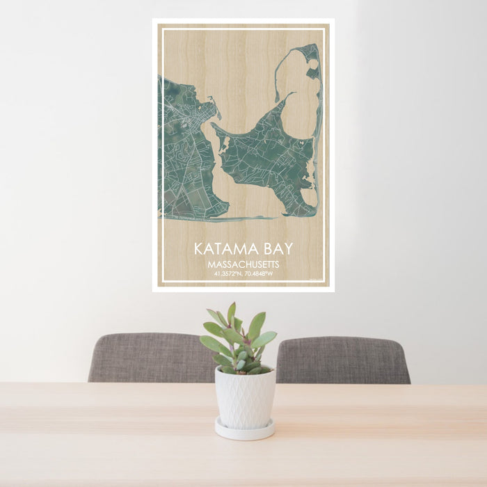 24x36 Katama Bay Massachusetts Map Print Portrait Orientation in Afternoon Style Behind 2 Chairs Table and Potted Plant