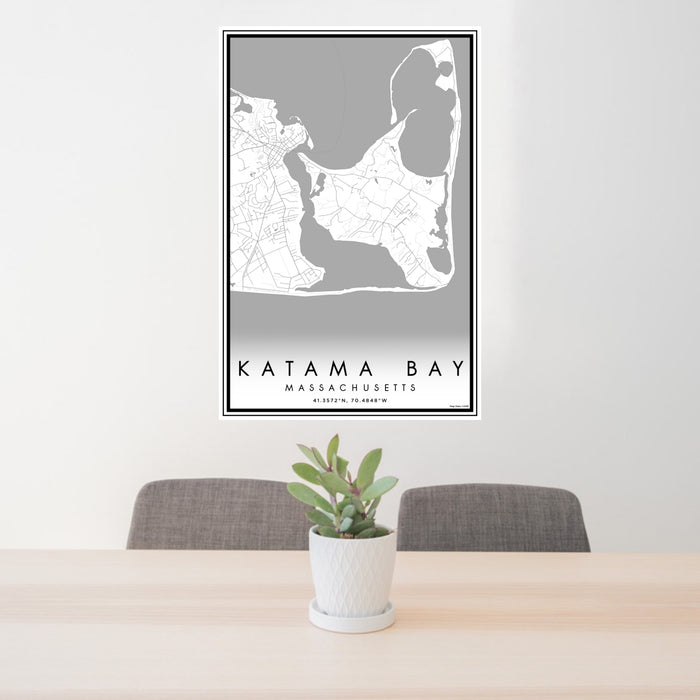 24x36 Katama Bay Massachusetts Map Print Portrait Orientation in Classic Style Behind 2 Chairs Table and Potted Plant
