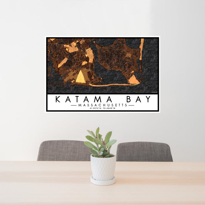 24x36 Katama Bay Massachusetts Map Print Lanscape Orientation in Ember Style Behind 2 Chairs Table and Potted Plant